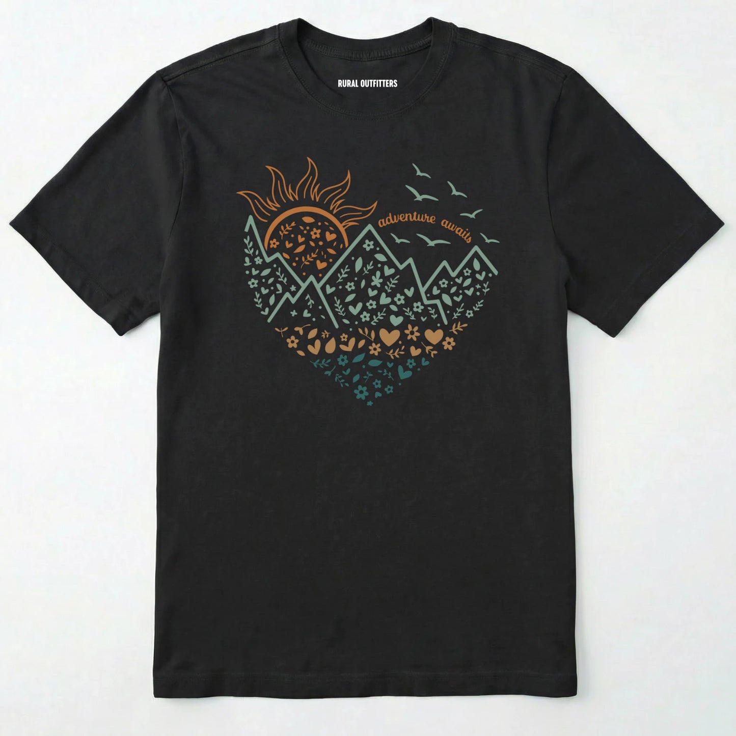 Black adventure awaits shirt with a floral nature heart, mountain and sun illustration on a white background.