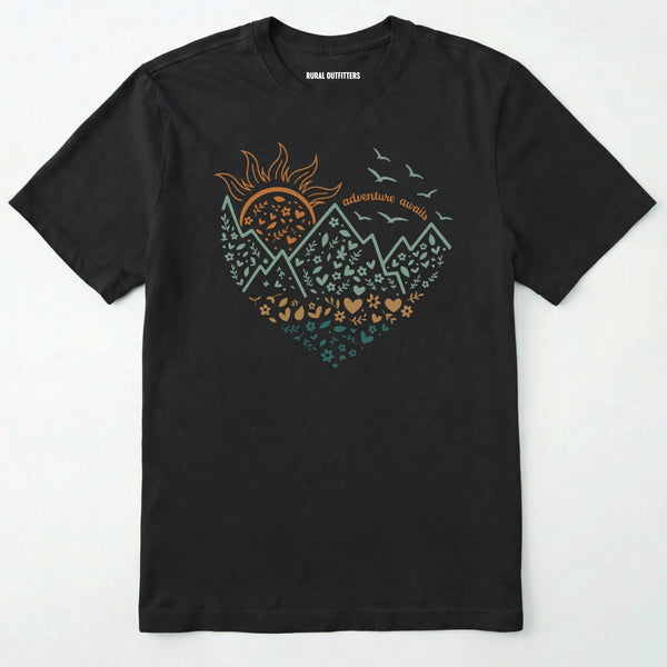 Black adventure awaits shirt with a floral nature heart, mountain and sun illustration on a white background.