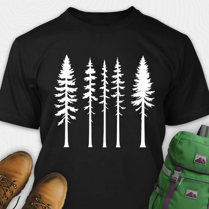 Black t-shirt with minimalist white tree silhouettes