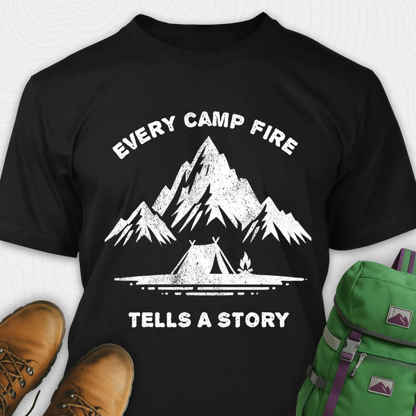Black campfire story shirt with mountains and tent graphic and 