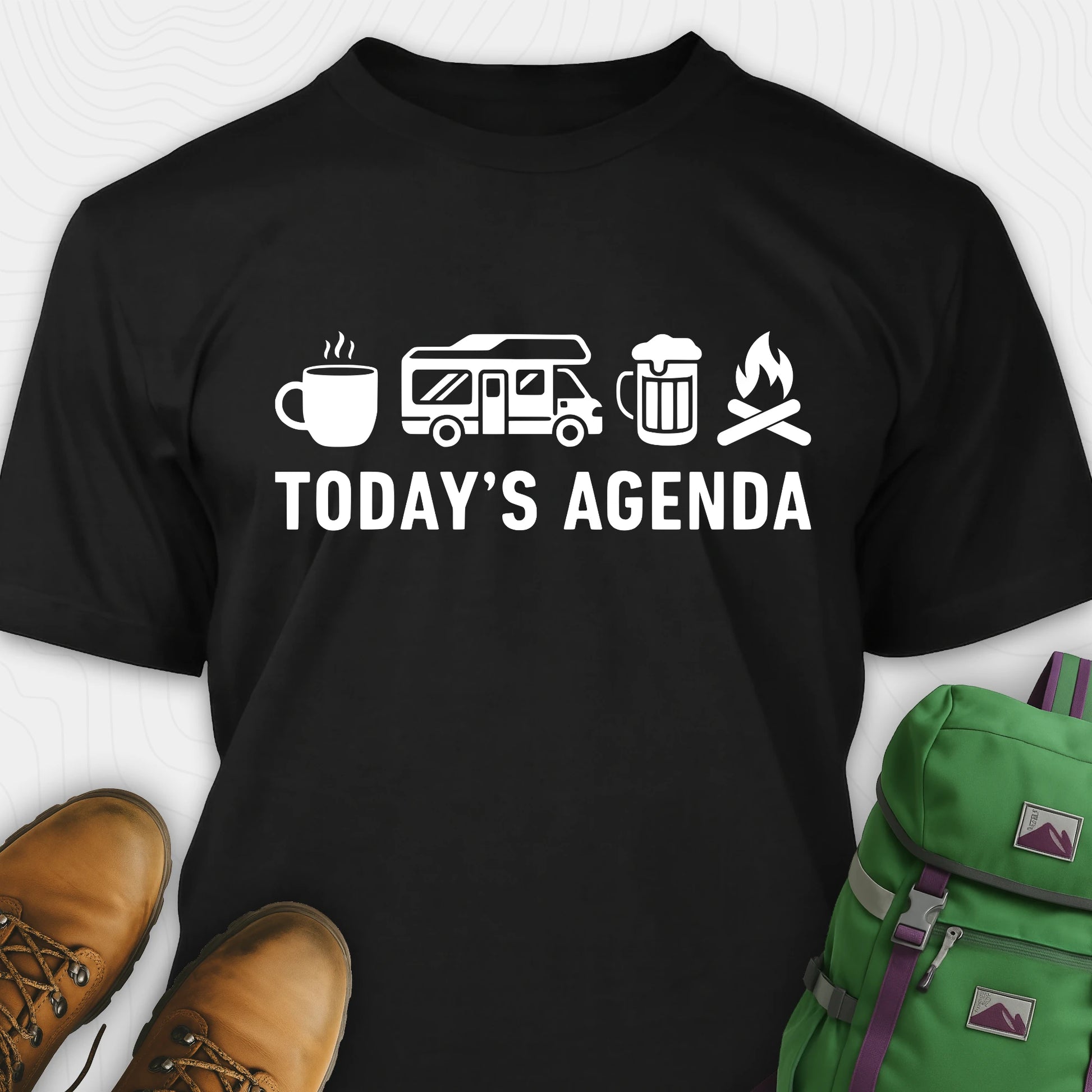 Black RV life shirt with coffee, RV beer and campfire icons