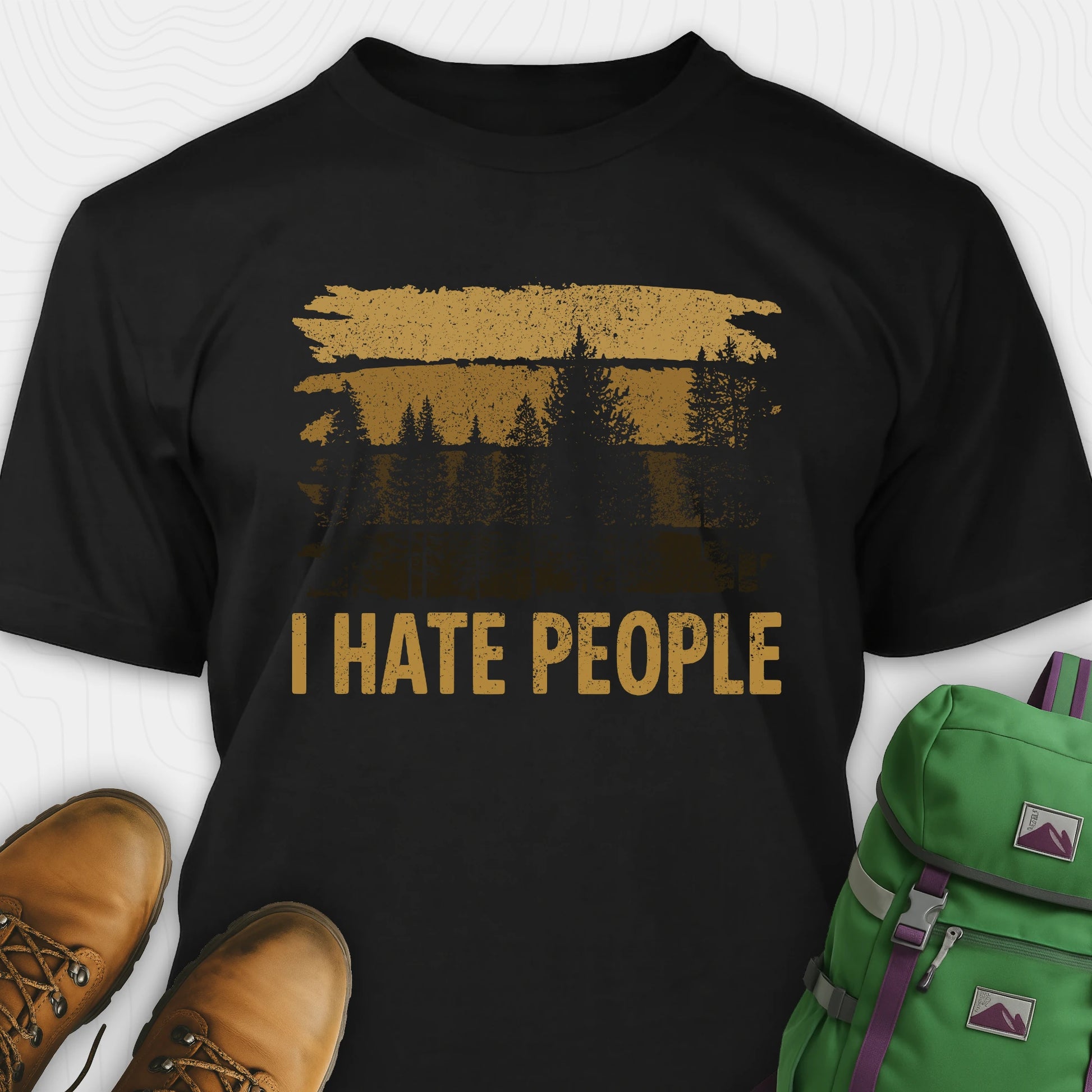 Black I hate people t-shirt with distressed forest graphic