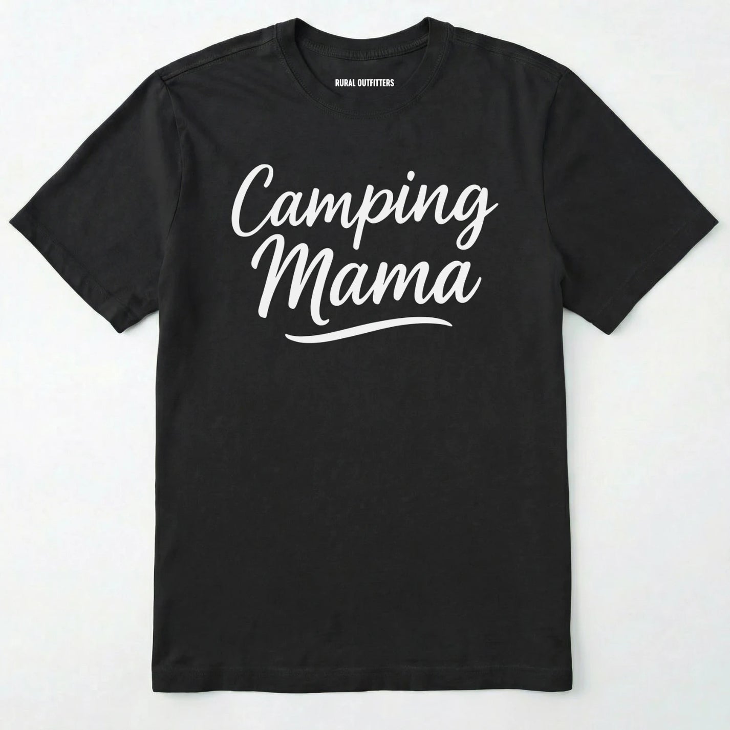 Black camping mama shirt with script design on a white background.