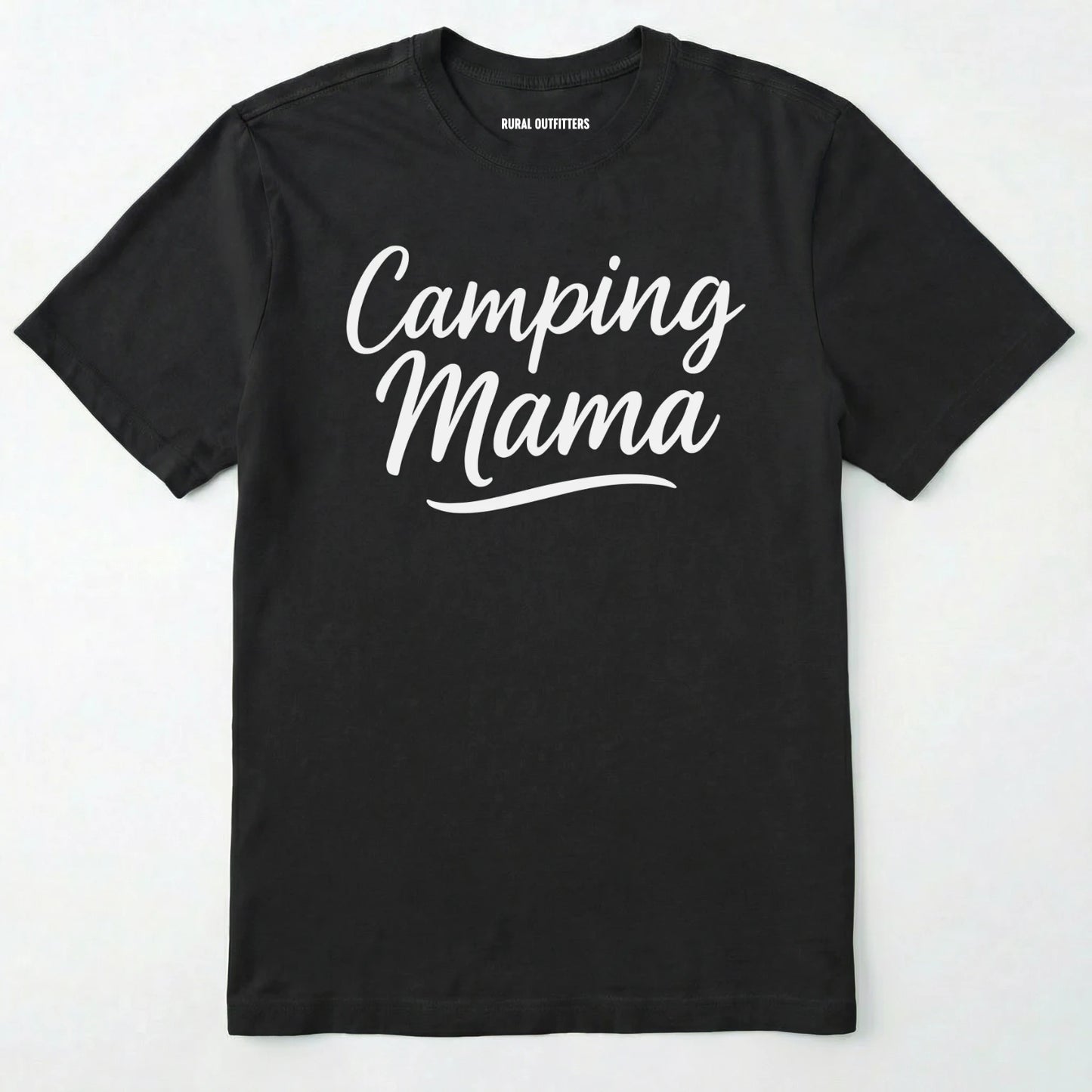 Black camping mama shirt with script design on a white background.