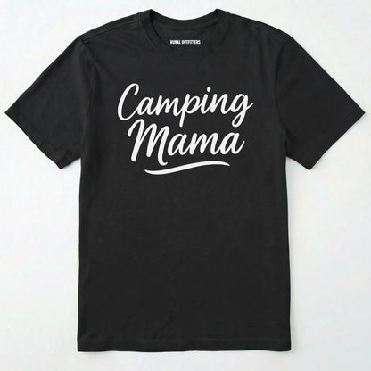 Black camping mama shirt with script design on a white background.