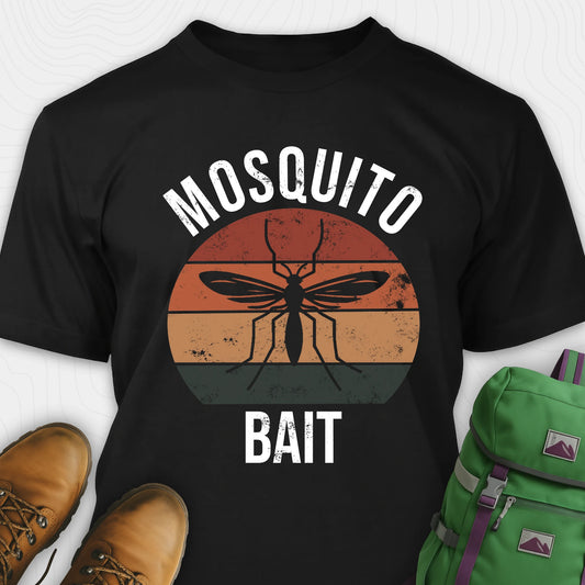 Black mosquito shirt with mosquito graphic and 'Mosquito Bait' text on a white background