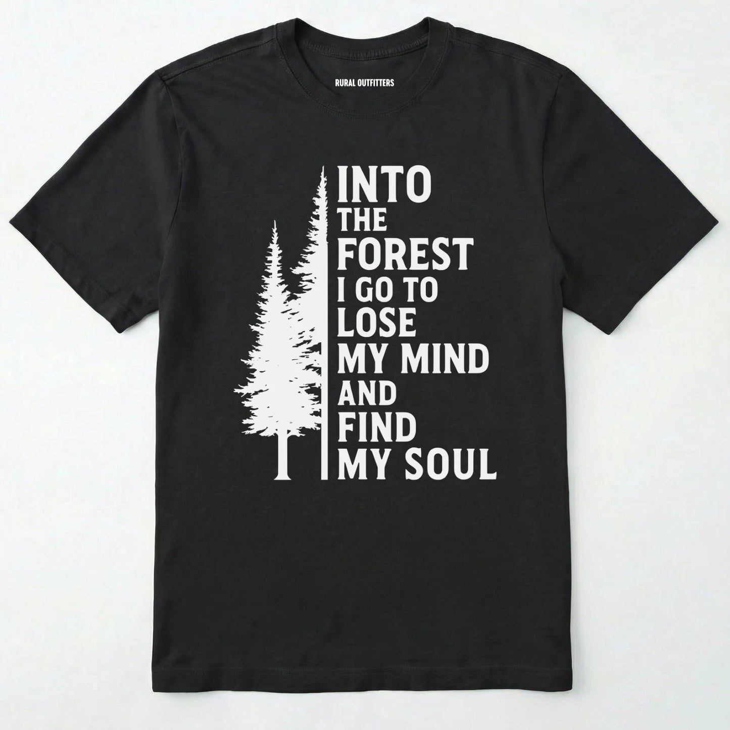 Black into the forest i go t-shirt with white forest graphic and tall trees design on a white background.