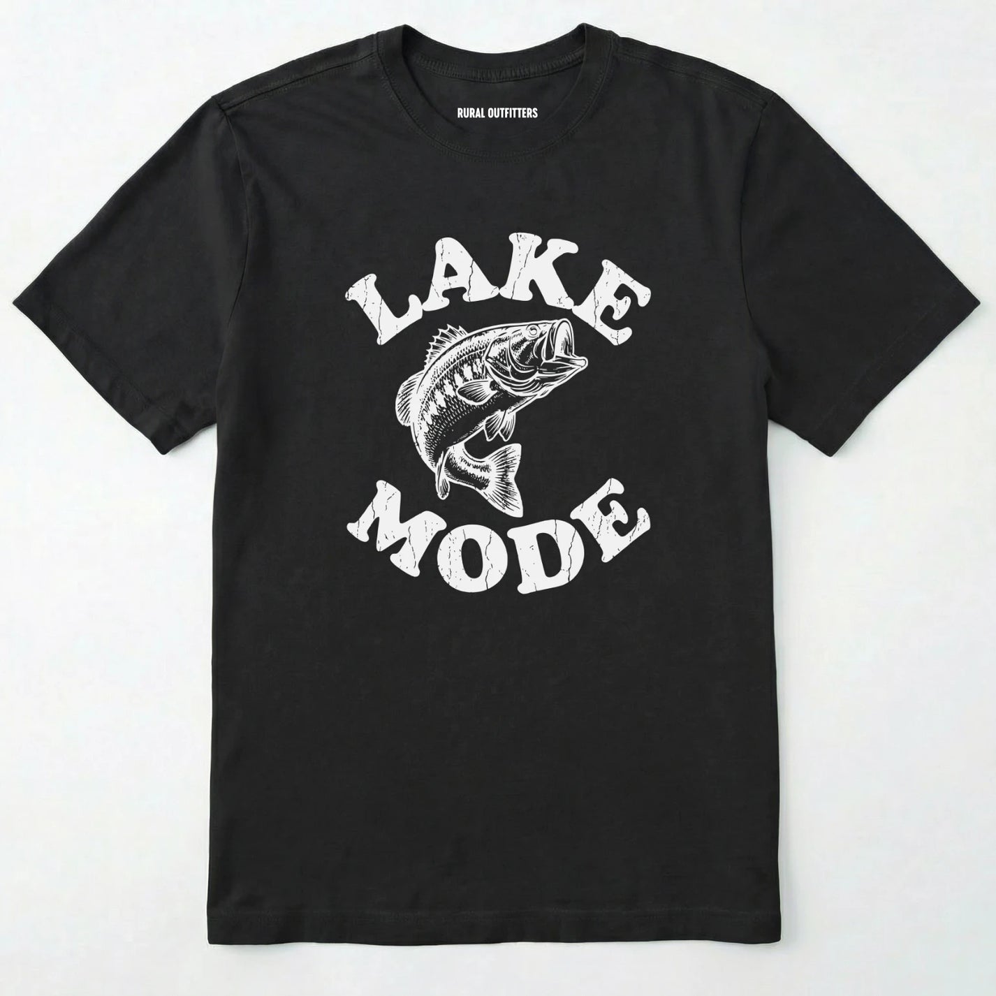 Black t-shirt with 'lake mode' graphic and fish illustration on a white background