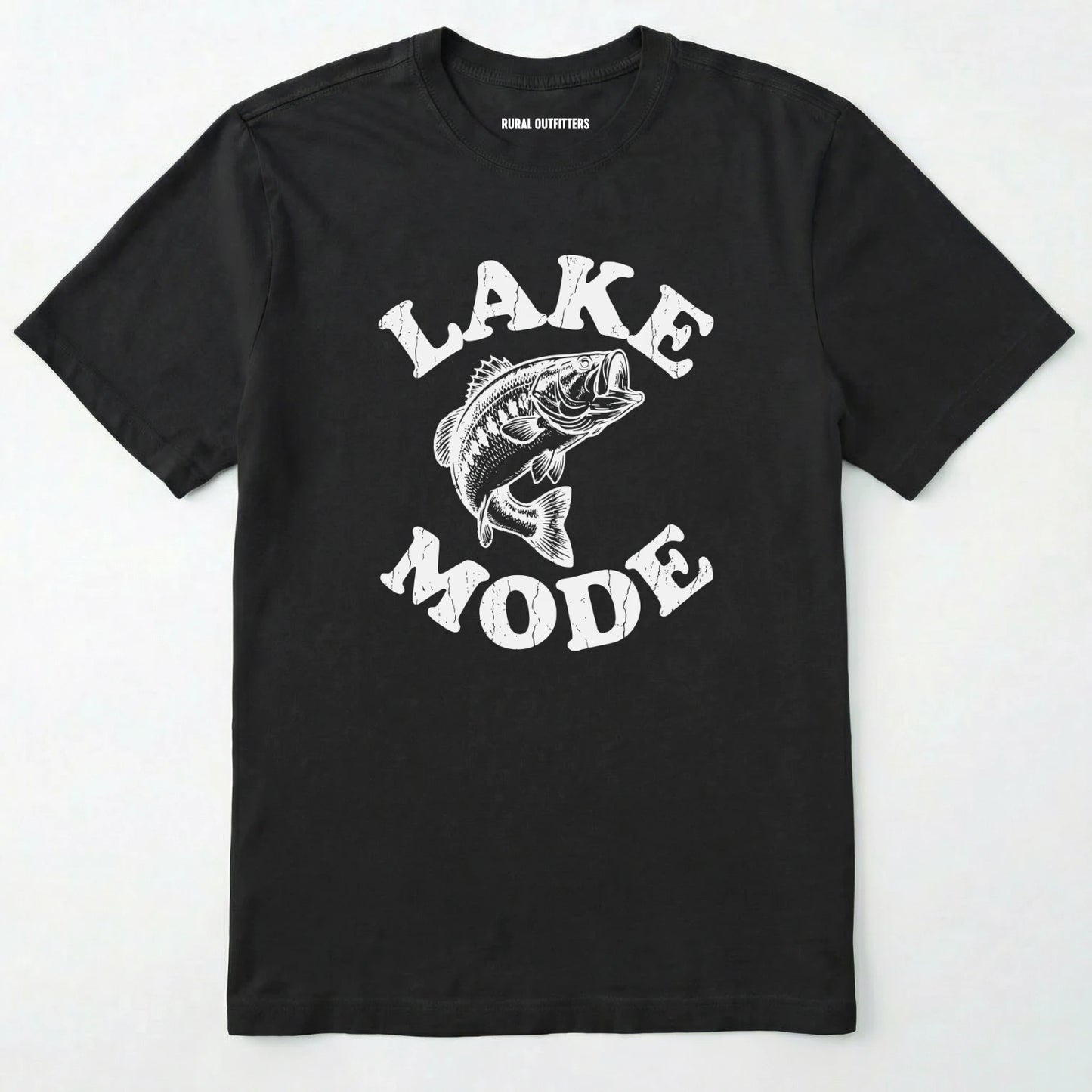 Black t-shirt with 'lake mode' graphic and fish illustration on a white background