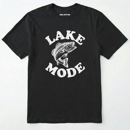 Black t-shirt with 'lake mode' graphic and fish illustration on a white background
