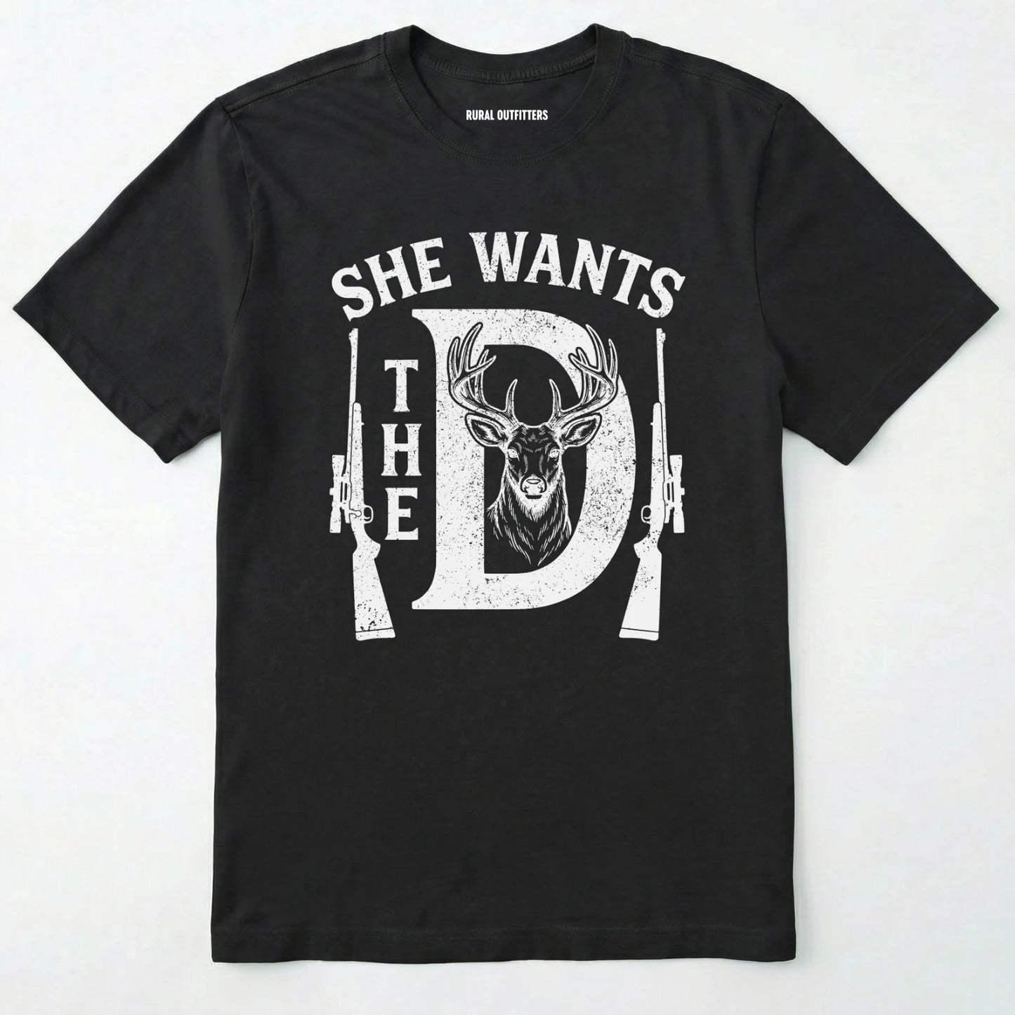 Black t-shirt with white graphic design featuring a deer and rifles on a white background