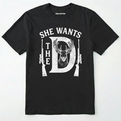 Black t-shirt with white graphic design featuring a deer and rifles on a white background