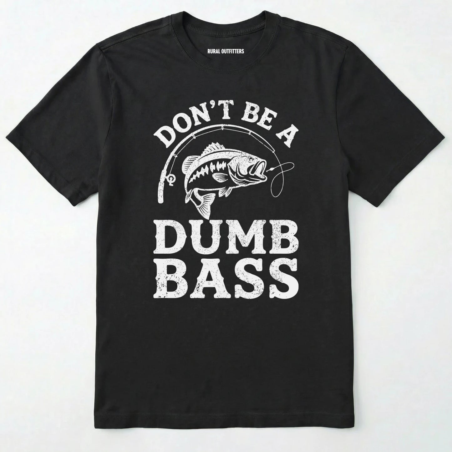 Black t-shirt with white text and fish graphic on a white background