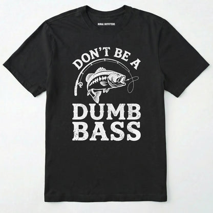 Black t-shirt with white text and fish graphic on a white background