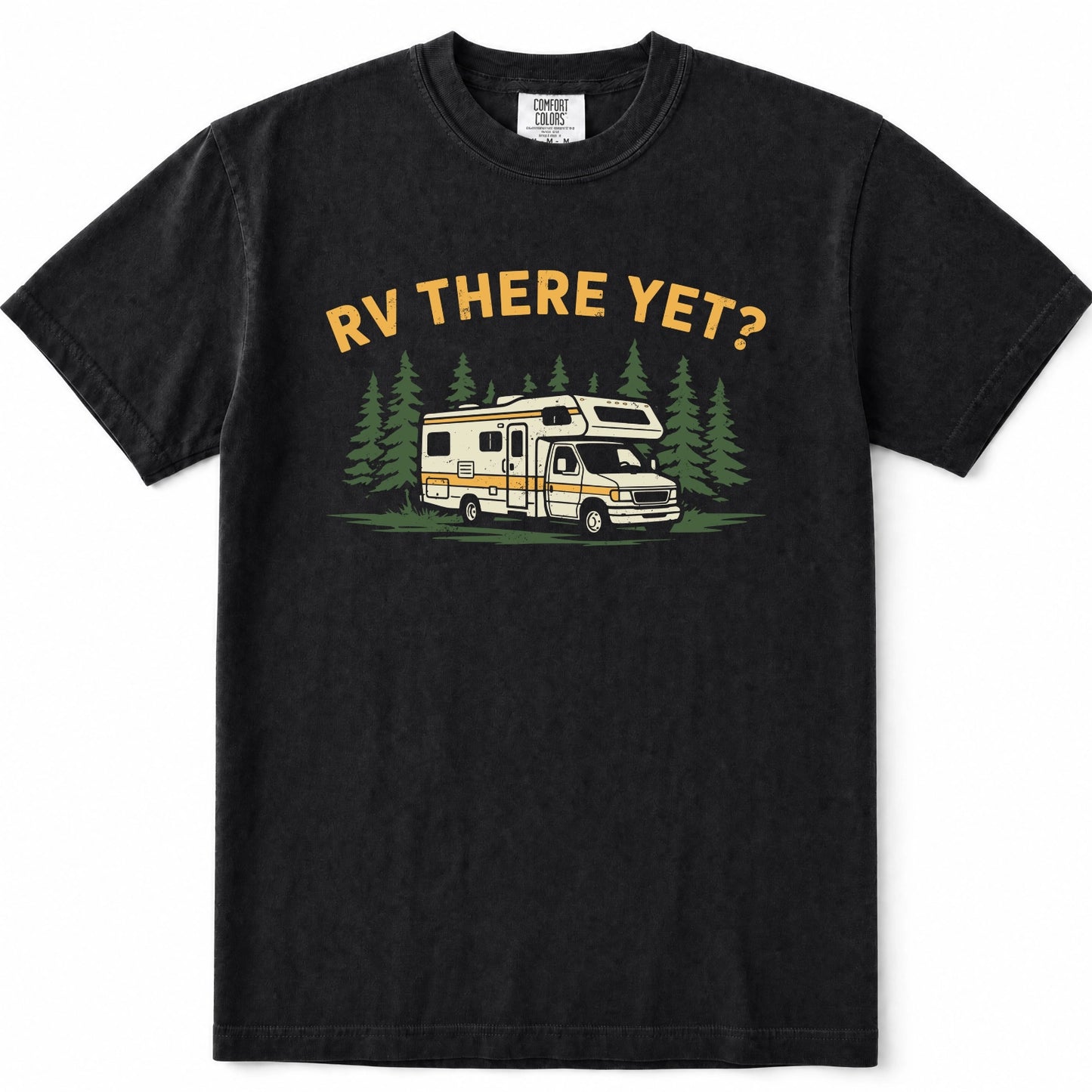 Black short-sleeve crewneck t-shirt featuring a graphic print of a cream and yellow camper van surrounded by green pine trees, with the text 'RV THERE YET?' in yellow above it, displayed on a clean white background.