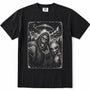 Black short-sleeve crewneck t-shirt featuring a large rectangular graphic print on the front. The graphic is a monochrome illustration depicting a Bigfoot taking a selfie with an alien under a flying saucer.