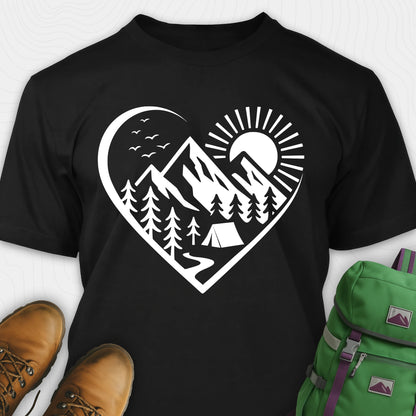 Black nature t-shirt featuring heart graphic with mountains, trees, and tent illustration