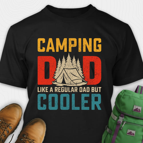 Black camping dad shirt with retro tent and trees graphic
