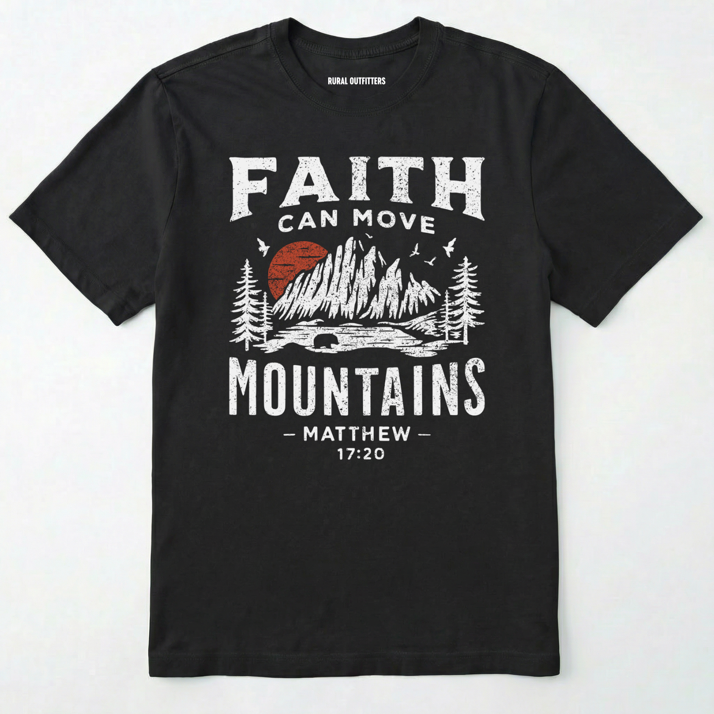 Black bible verse t-shirt with 'faith can move mountains' text with outdoor graphic design on a white background.