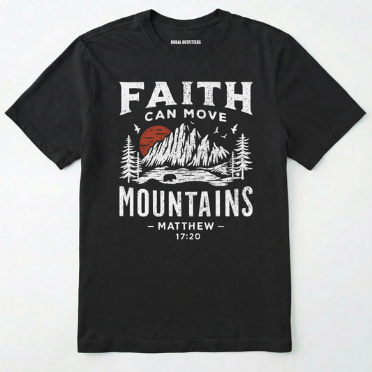 Black bible verse t-shirt with 'faith can move mountains' text with outdoor graphic design on a white background.