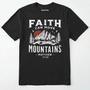 Black bible verse t-shirt with 'faith can move mountains' text with outdoor graphic design on a white background.