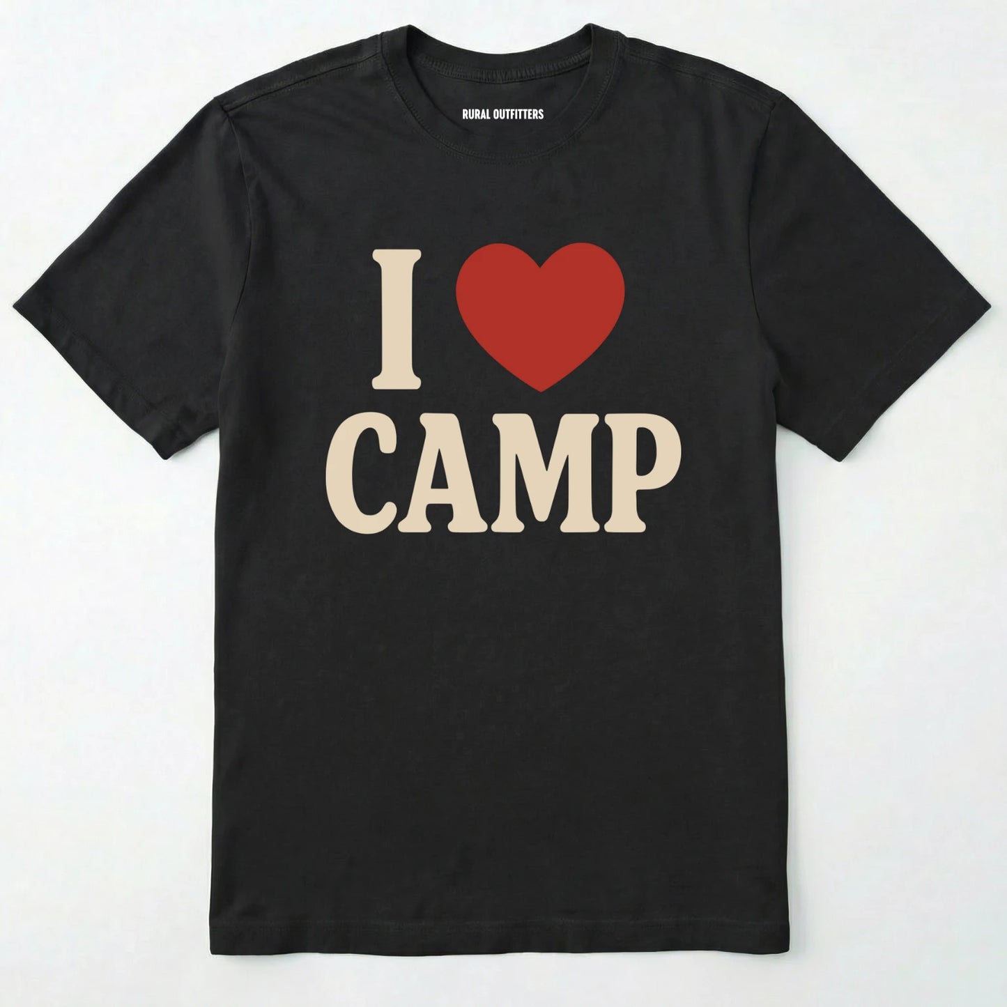 Black i love camp t-shirt with bold text and heart design on a white background.
