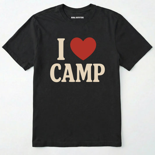 Black i love camp t-shirt with bold text and heart design on a white background.