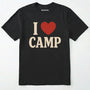Black i love camp t-shirt with bold text and heart design on a white background.