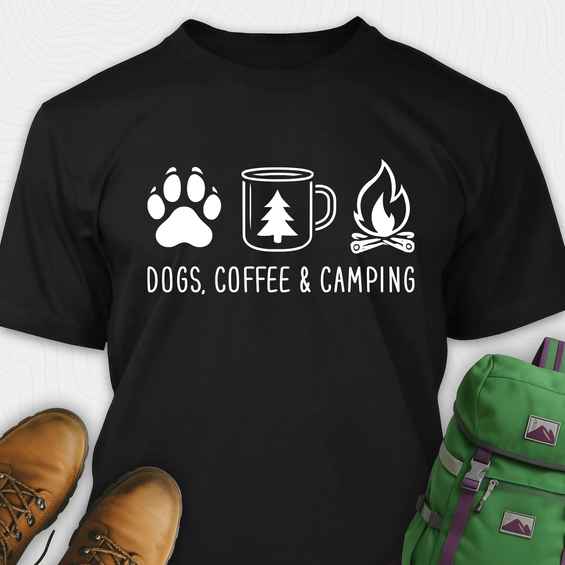 Black camping dog shirt with paw print, coffee mug and campfire design