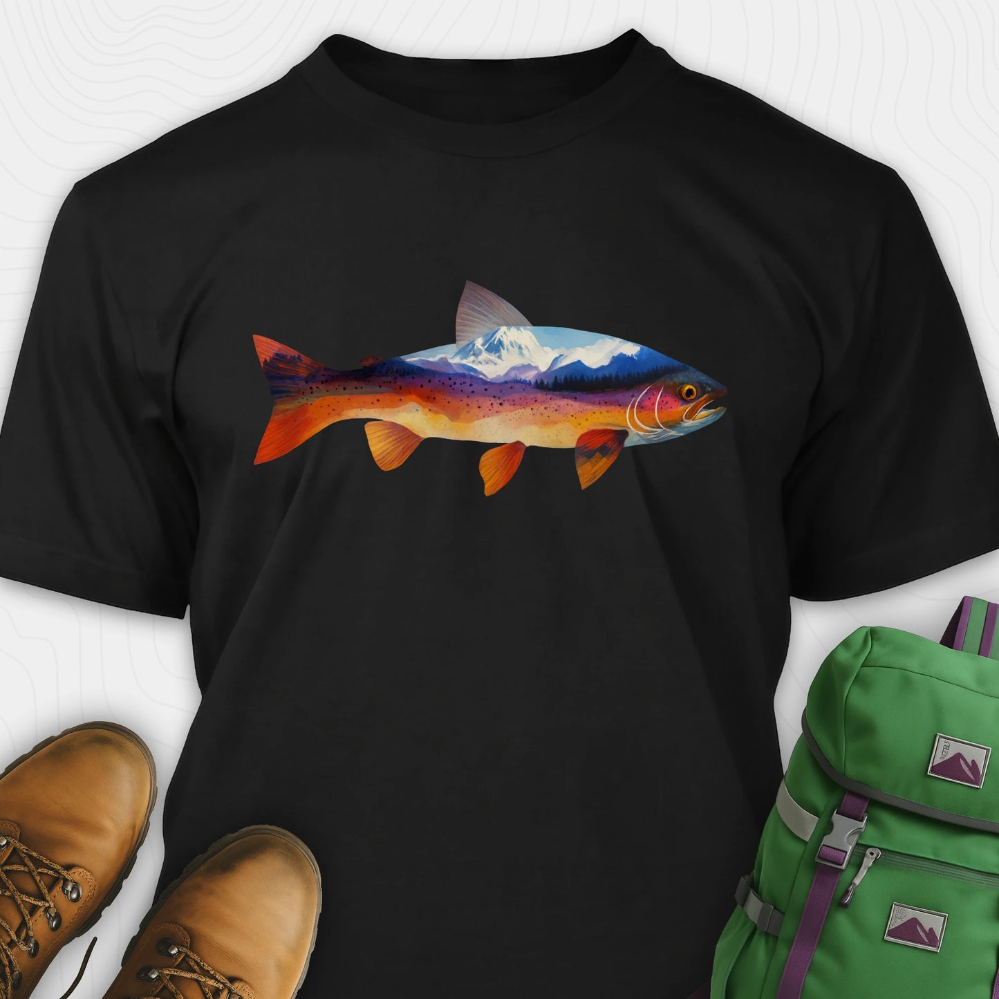 Black Fish shirt with a colorful trout and mountain landscape graphic