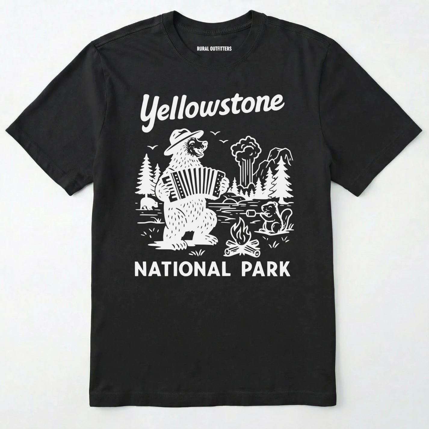 Black yellowstone national park t-shirt with a brown bear playing an accordion graphic.