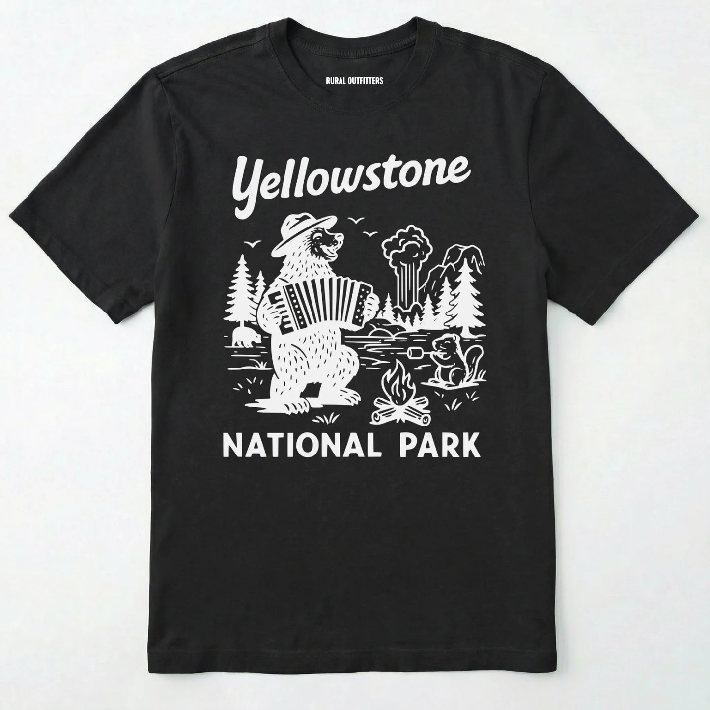 Black yellowstone national park t-shirt with a brown bear playing an accordion graphic.