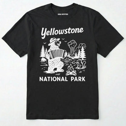 Black yellowstone national park t-shirt with a brown bear playing an accordion graphic.