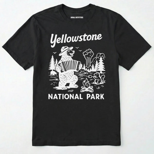Black yellowstone national park t-shirt with a brown bear playing an accordion graphic.