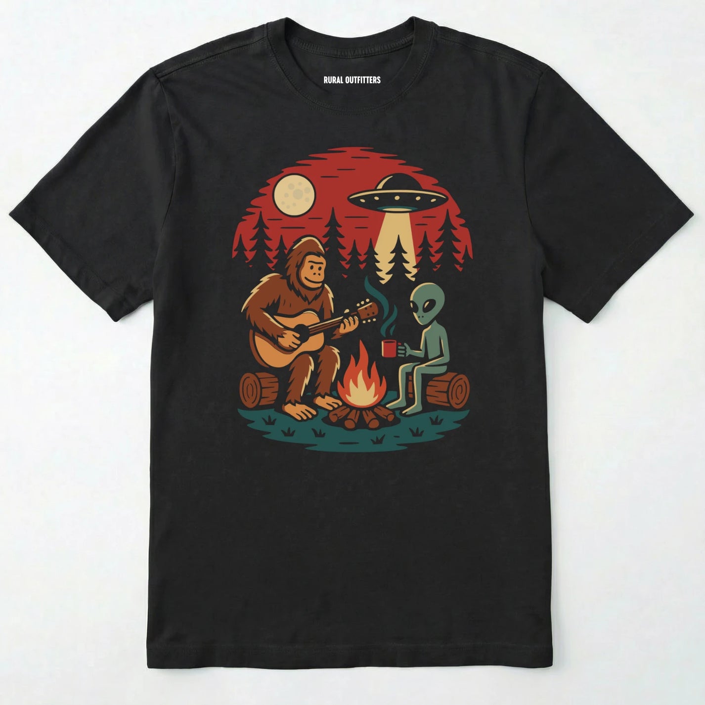 Black alien shirt with ufo, bigfoot camping by the fire design on a white background.