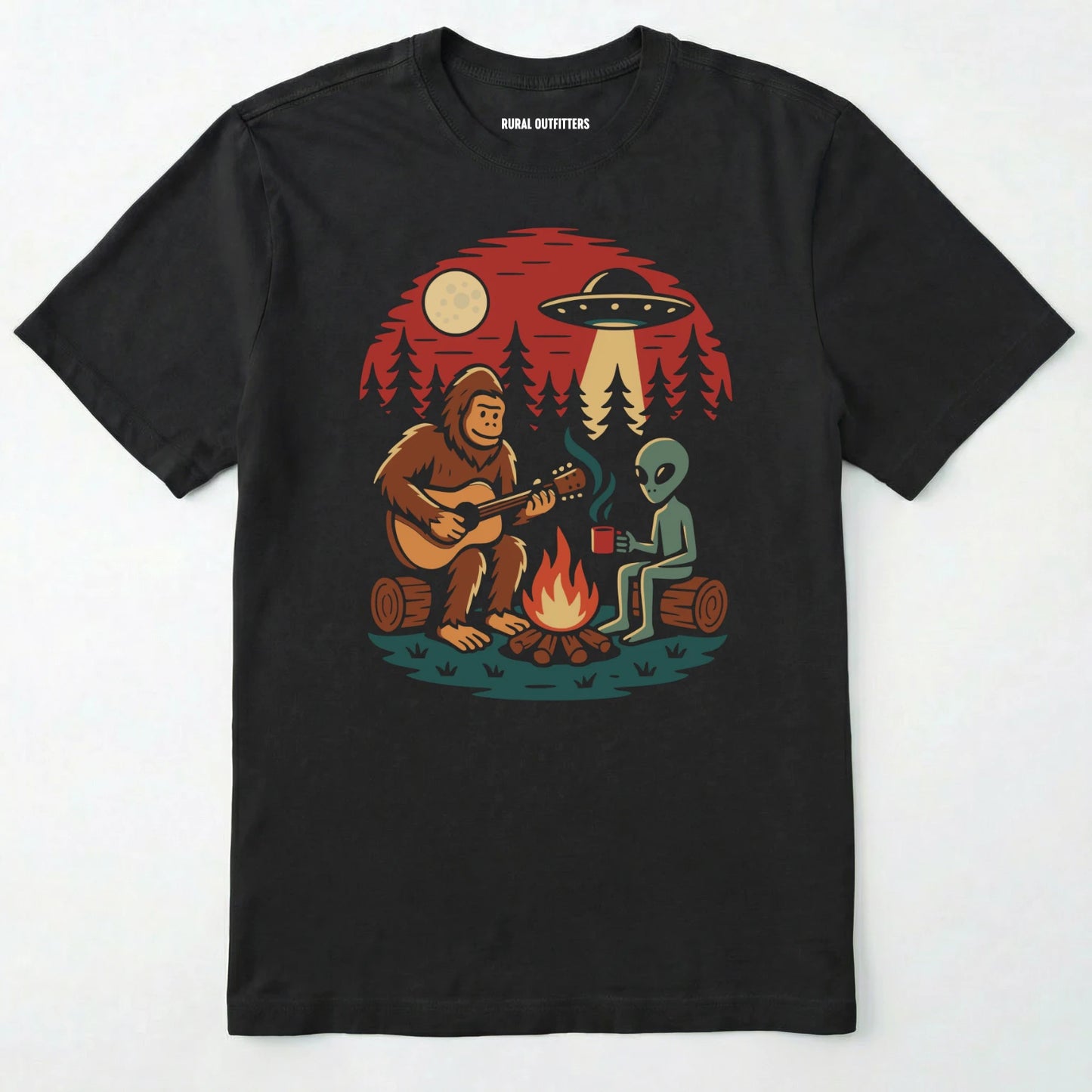 Black alien shirt with ufo, bigfoot camping by the fire design on a white background.