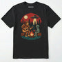 Black alien shirt with ufo, bigfoot camping by the fire design on a white background.