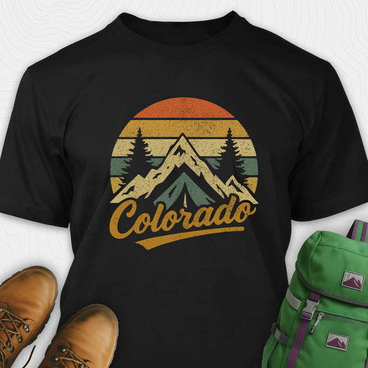 Black colorado t-shirt with retro sunset and mountain design