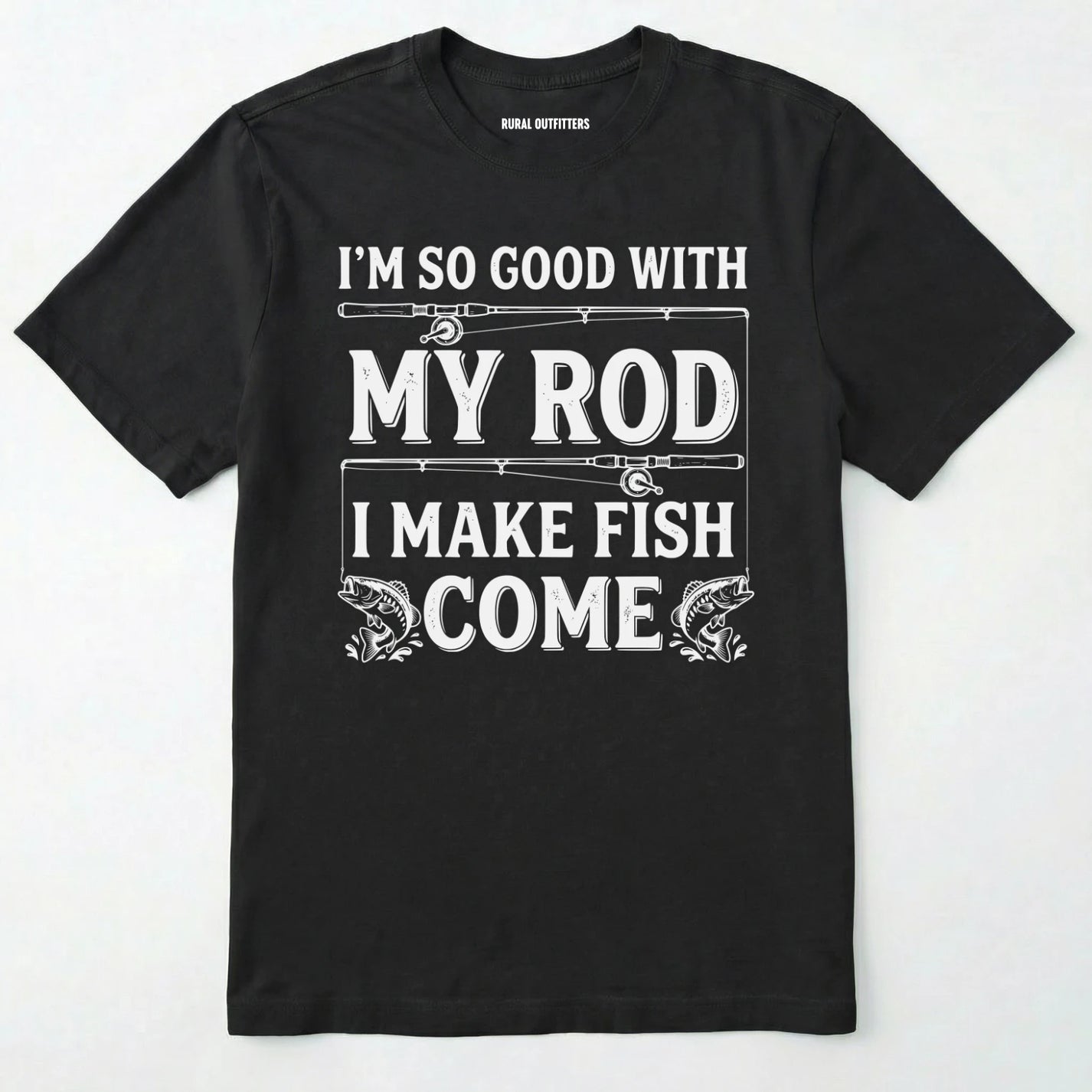 Black t-shirt with white text and graphics on a white background