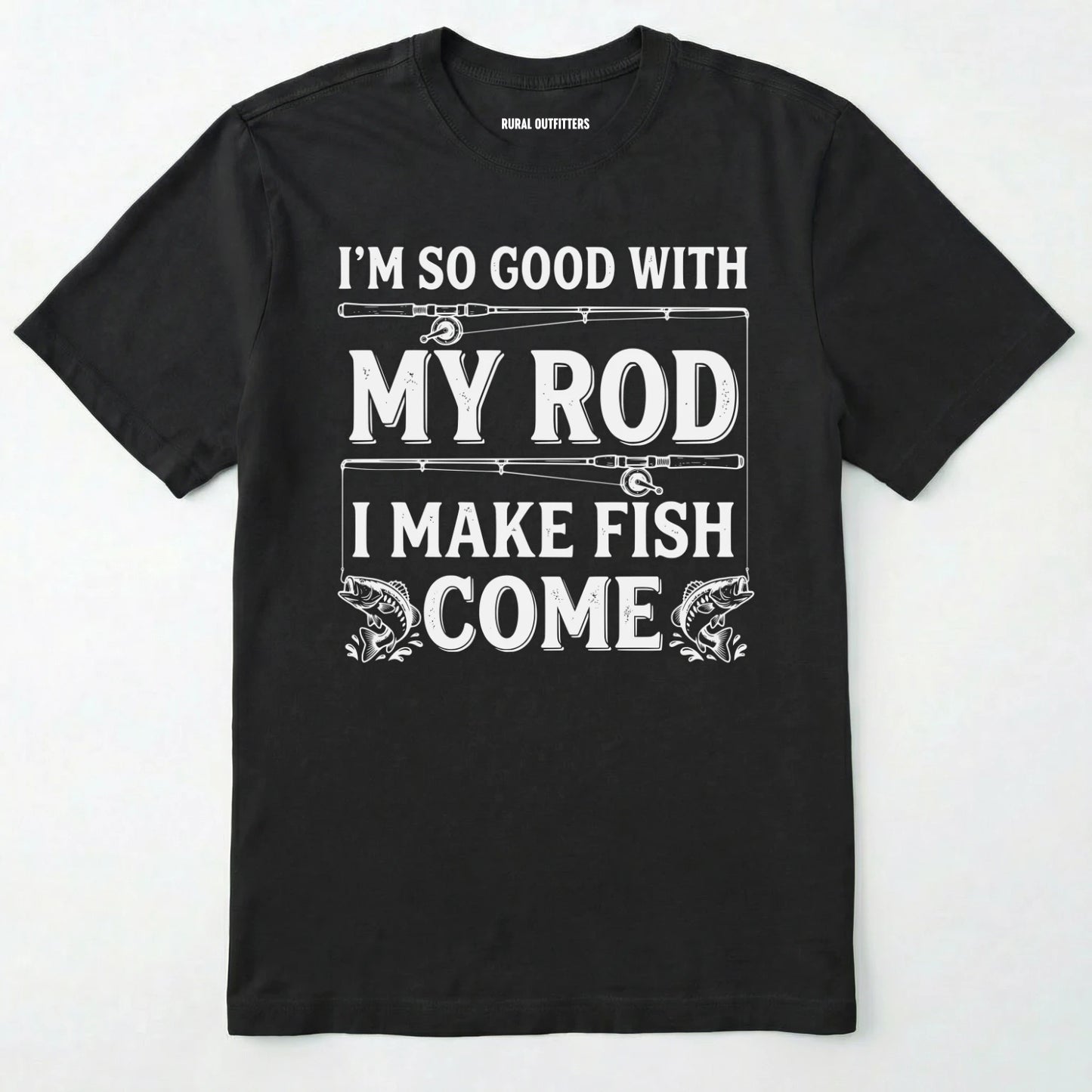 Black t-shirt with white text and graphics on a white background