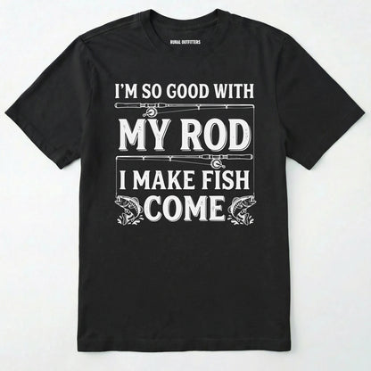 Black t-shirt with white text and graphics on a white background