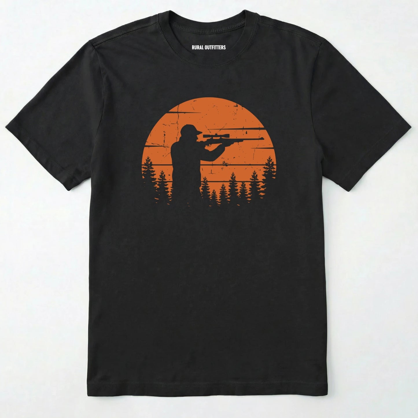Black t-shirt with a graphic of a hunter and sunset design on a white background