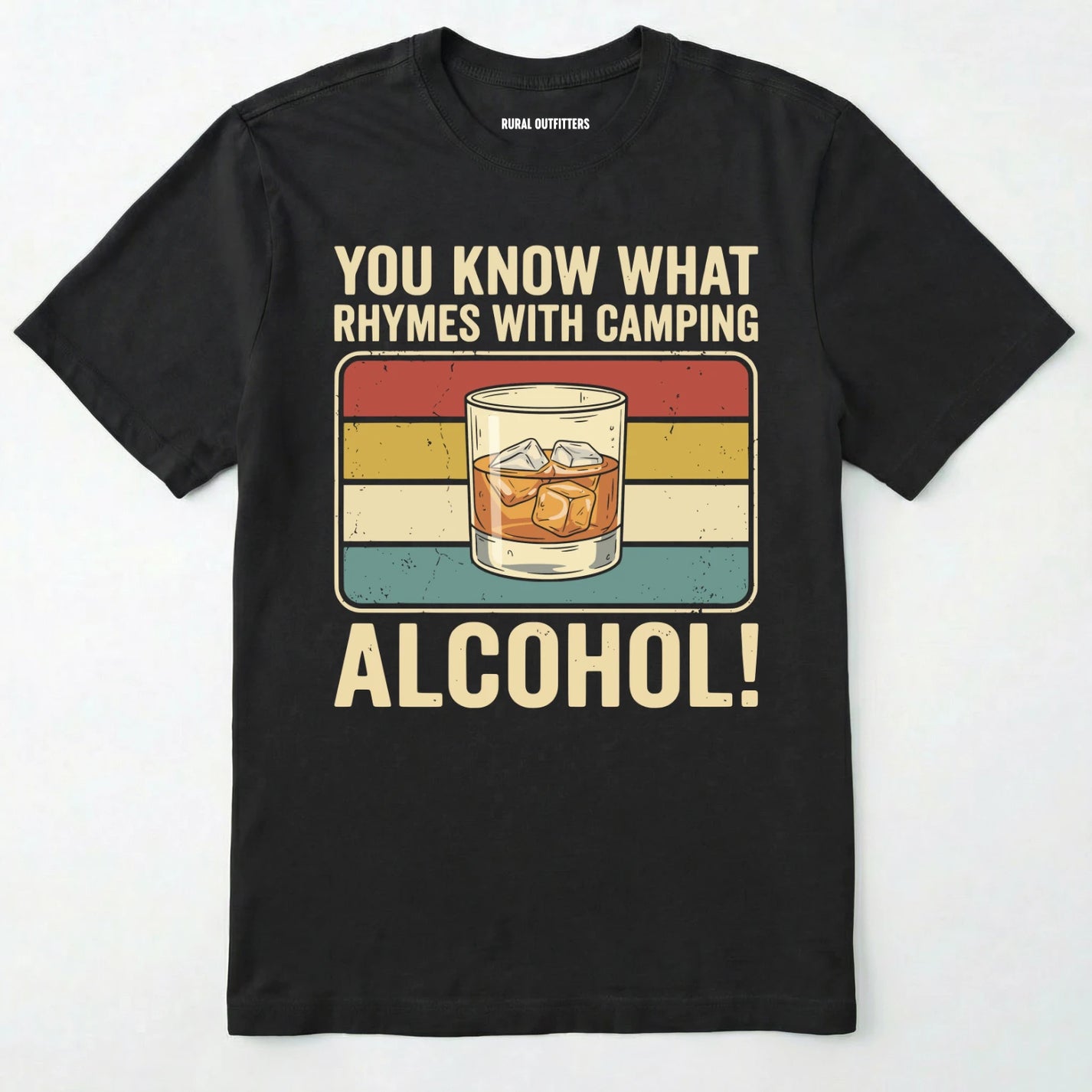 Black you know what rhymes with camping alcohol t-shirt with a glass of whiskey graphic and retro stripes on a white background