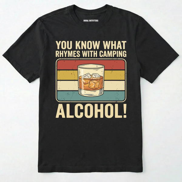Black you know what rhymes with camping alcohol t-shirt with a glass of whiskey graphic and retro stripes on a white background
