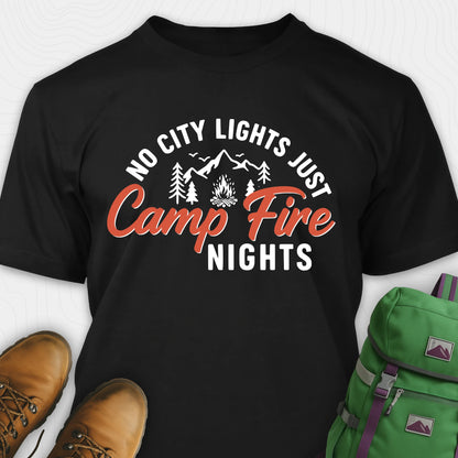 Black campfire shirt with mountains and trees design and "No city lights just campfire nights" text