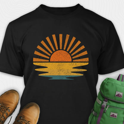 Black sunset shirt with retro distressed sunrise graphic