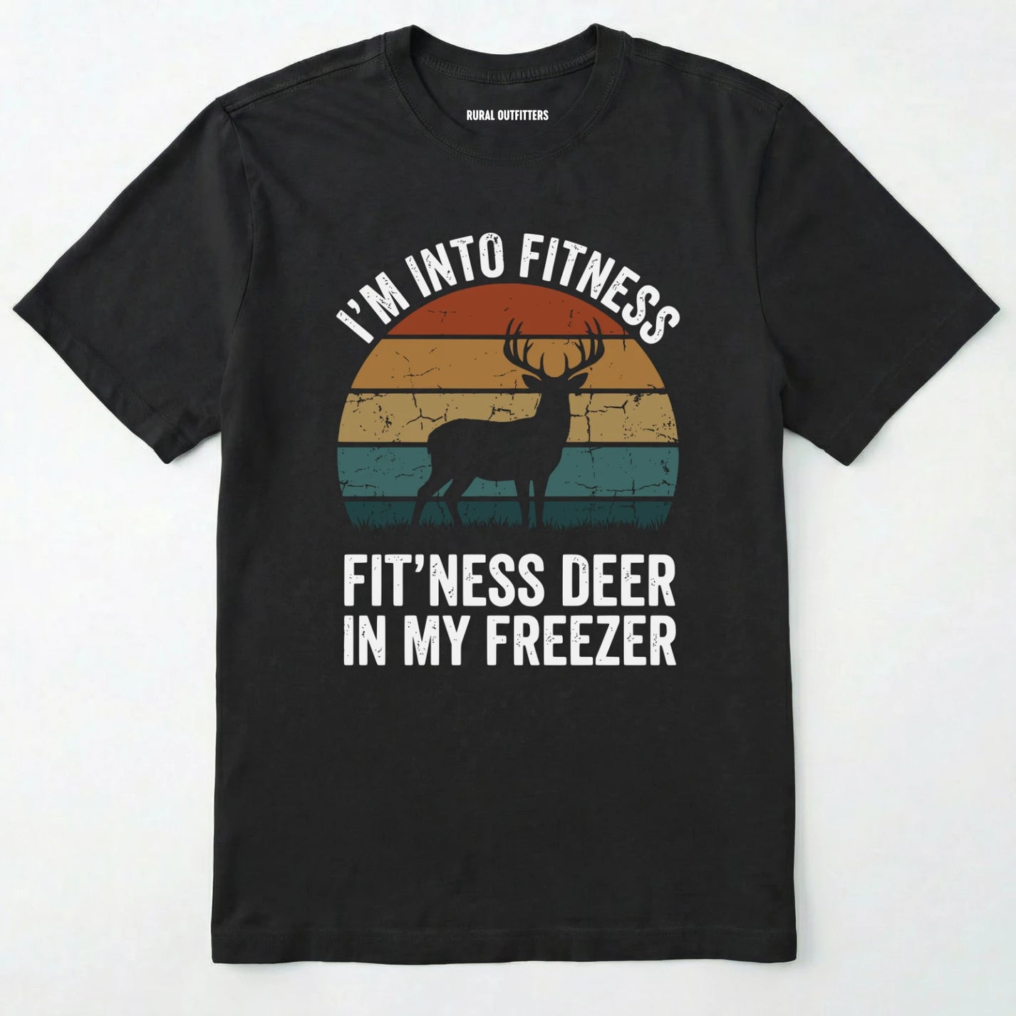 Black t-shirt with a graphic of a deer and text on a white background