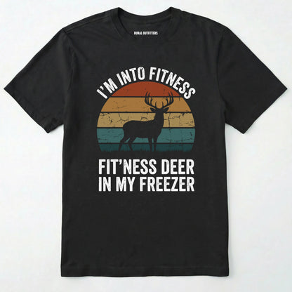 Black t-shirt with a graphic of a deer and text on a white background