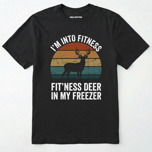 Black t-shirt with a graphic of a deer and text on a white background