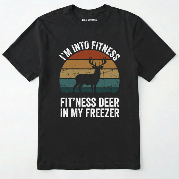 Black t-shirt with a graphic of a deer and text on a white background